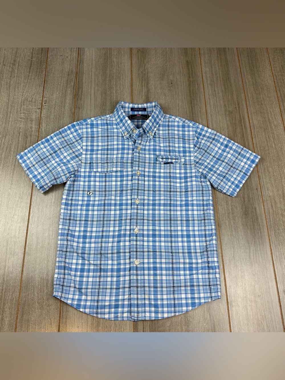 Vineyard Vines Harbor Shirt Boys S (8-10) Short Sleeve Blue Plaid Fishing